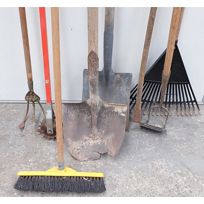 Assorted Tools including Shovels, Hoe, Rake, Grass Edger, Hedge Trimmers and More