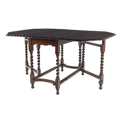 Oak Jacobean Style Dropside Table with Barley Twist Supports and Pie-Crust Edge, Circa 1920s