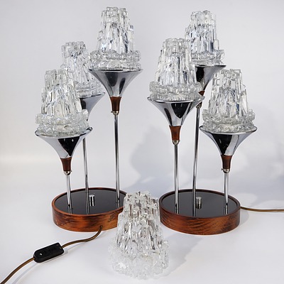 Pair Retro 1970s Tablelamps with Glass Iceberg Shades