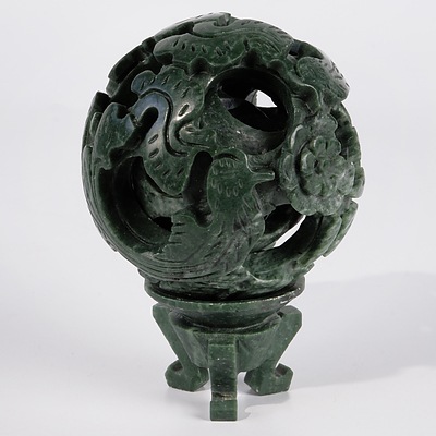 Chinese Carved Hardstone Puzzle ball and Large Glass Tree in Celadon pot