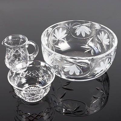 Royal Doulton Engraved Crystal Serving Bowl and Two Hob Cut Crystal Pieces