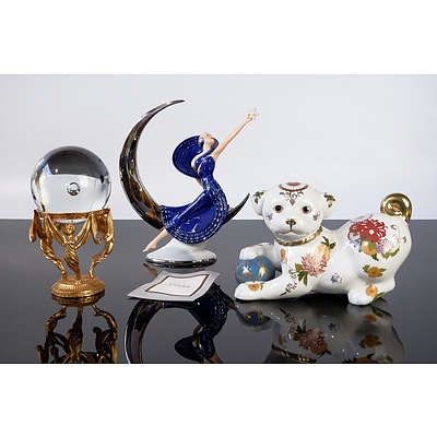 Three Franklin Mint Collectables Including Ocelot Porcelain Figure, Satsuma Puppy and Crystal Vision Ball on 24ct Gold Plated Stand