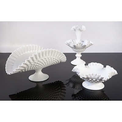 Three Various Fenton Milk Glass Decorations Including Epergne and Candleholder
