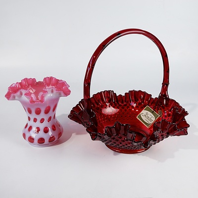 Fenton Ruby Glass Basket and Cranberry and Vaseline polka Dot Vase