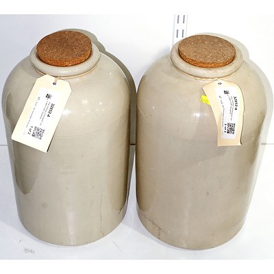 Pair Vintage Stoneware Jars with Cork Stoppers