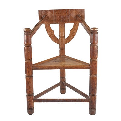English Arts & Crafts Chip-Carved Oak "Old Saxon Chair" Made by John Starkey of Warwickshire Circa 1892-1904