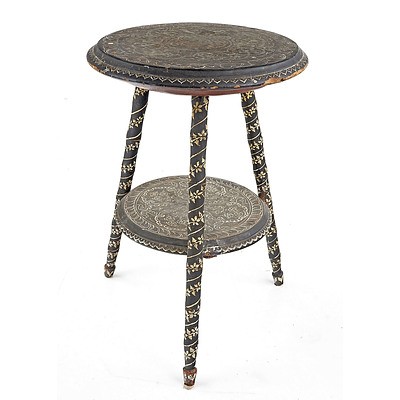 Indo-Persian Painted Wood Two Tier Occasional Table, Signed Under