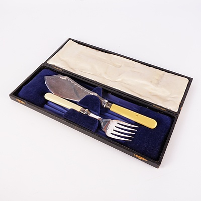 Boxed Faux Ivory Handled and Silver Plate Fish Servers