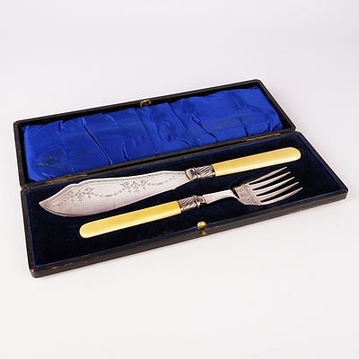Boxed Ivory Handled and Silver Plate Fish Servers