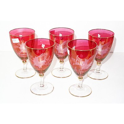 Five Vintage Ruby Flashed and Cut Glass Wine Glasses