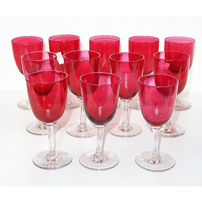 Twelve Victorian Hand Blown Ruby Flashed Glass Liqueur Glasses