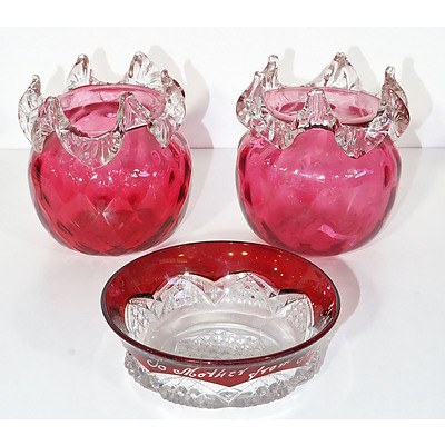 Pair of Victorian Ruby Glass Vases and a Ruby Flashed Dish with Inscription