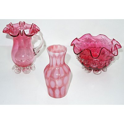 Three Victorian Ruby Glass items, Including Vaseline Thumb Print Vase