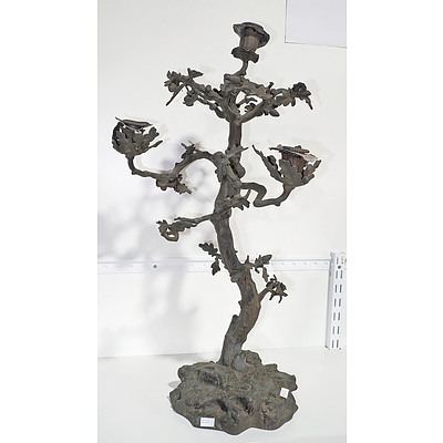 Large Antique Bronze Patinated Cast Brass Oak Tree Candelabra