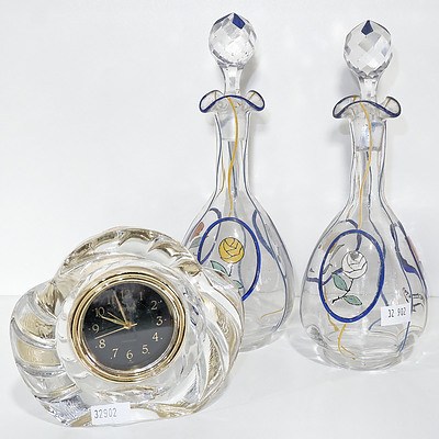 Pair of Enamelled Glass Vinegar Bottles and a Japanese Glass Desk Clock with Quartz Movement