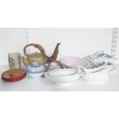 Collection of English and Asian Ceramics, Teak Duck Form Stand and More