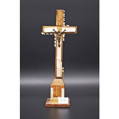 Antique Pearl Shell Adorned Wooden Crucifix with Cast Metal Figure of Christ, Marked Verso Jerusalem