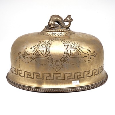 Victorian Silver Plated Meat Cover with Engraved Classical Key Border and Cast Mythological Dolphin Finial