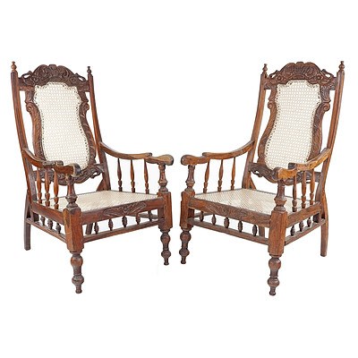 Pair Antique Sri Lankan/Dutch East Indies Carved Teak and Cane Armchairs