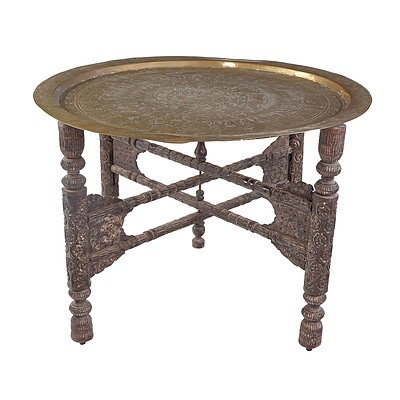 Antique Indian Brass Tray-Top Table with Carved Folding Base Circa 1900