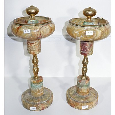 Pair of Eastern Onyx and Brass Ashtrays, and a Lamp