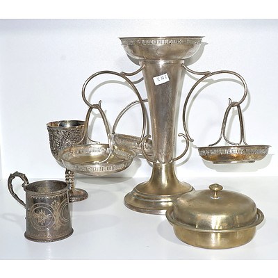 Silver Plated Basket Epergne, Christening Cup Etc