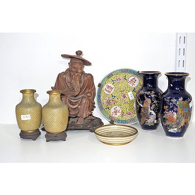 Collection of Asian Ornaments, Including a Pair of Cloisonne Vases and a Chinese Hardwood Carving