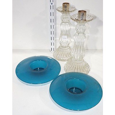 Pair of Moulded Glass Candlesticks and Pair of Blue Art Glass Candle Holders