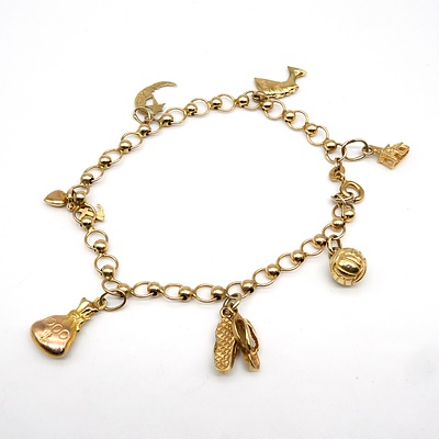 9ct Yellow Gold Charm Bracelet, 8.5g