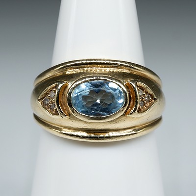 9ct Yellow Gold Pale Blue Topaz and Diamond Ring, 4.7g