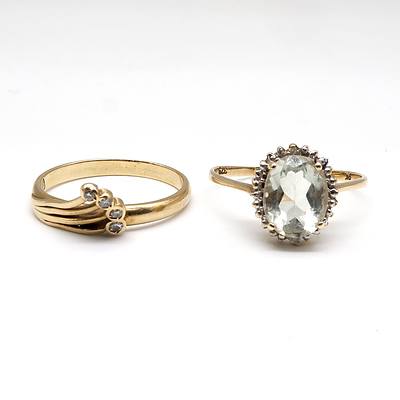 9ct Yellow Gold and Oval Facetted Pale Green Quartz Ring, 1.35g and 9ct Yellow Gold and Diamond Ring 1.7g