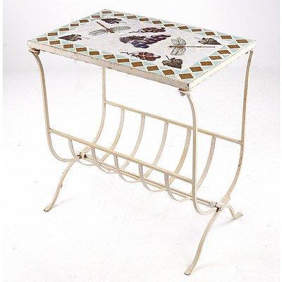 Vintage Wrought Iron Magazine Table with Tile Mosaic Top