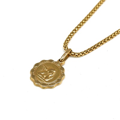 9ct Yellow Gold Round Box Chain with Angel Pendant, 3.9g