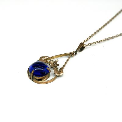 Antique Rolled Gold Necklace and Pendant, with Blue Paste Cabouchon