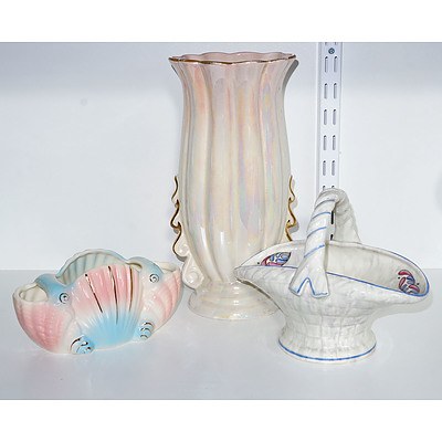 Barsony Lustre Glaze Vase, Charlotte Rhead Crown Ducal Basket and a Diana Lustre Glazed Trough