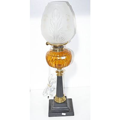 Late Victorian Banquet Lamp with Amber Glass Font, Later Conversion to Electricity