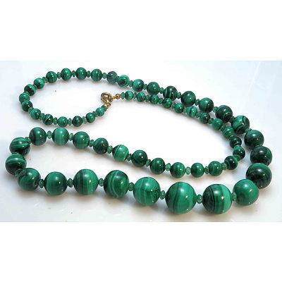 Long Necklace Of Natural Malachite Beads, Graduated