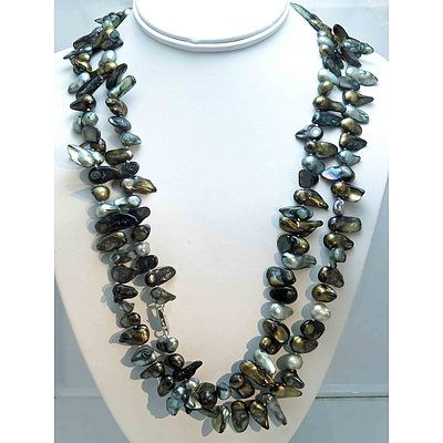 Extra Long Necklace Of Baroque Blister Cultured Pearls, Peacock Black & Silver