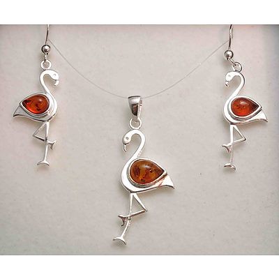 Sterling Silver Amber Set of Flamingo Pendant & Earrings