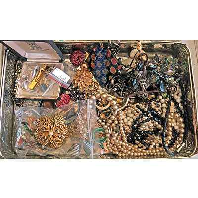 Collection Of Vintage and Modern Jewellery in Vintage Pressed Metal Box