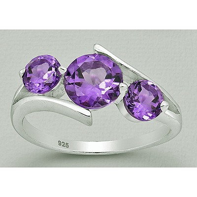 Sterling Silver 3 Stone Natural Amethyst Ring