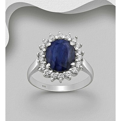 Large Sapphire & Cz Sterling Silver Ring