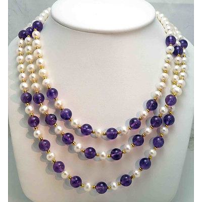 Triple Strand Necklace of Cultured Pearls & Amethyst Beads