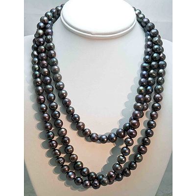 Extra Long Necklace of Black Fresh-Water Cultured Pearls