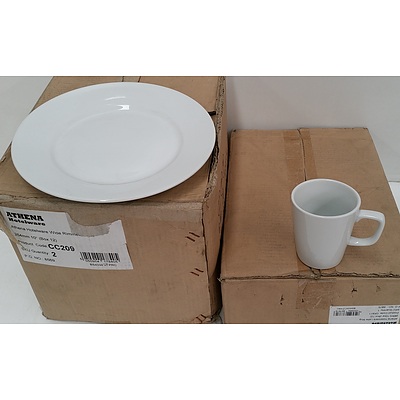 Athena Hotel Ware Commercial Dinner Plates and Ceramic Latte Mugs - Lot of 36 - Brand New