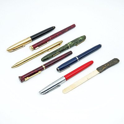 Japanese Meiji Period Bronze (and Possibly Ivory) Page Turner, Plus Various Vintage Fountain and Other Pens