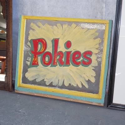 Vintage Pokies Sign, Hand Painted on Vintage Timber Framed Window Panel