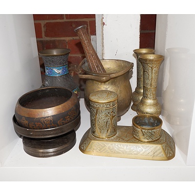 Collection of Vintage Brass and Copper Wares Including a Japanese Champleve Enamel Vase