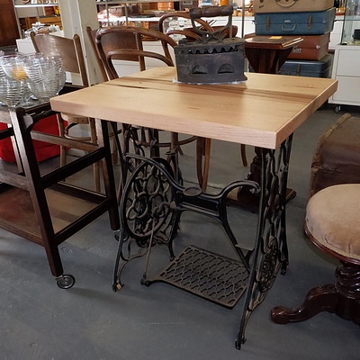 Antique Cast Iron Singer Treadle Sewing Machine Base Converted to a Cafe Table with Solid Ash Timber Top