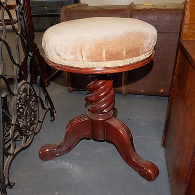 Victorian Mahogany Tripod Base Adjustable Piano Stool with Velvet Upholstered Seat
